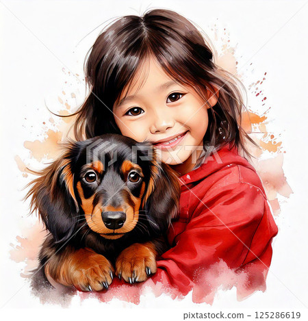 A girl holding a miniature dachshund 125286619