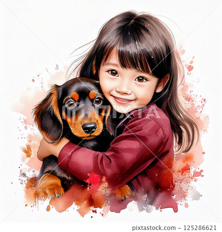 A girl holding a miniature dachshund 125286621