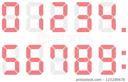 Digital numbers on electronic display board, red 125286676