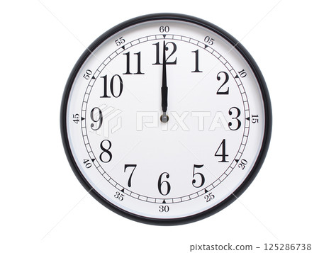 Round wall clock with black frame showing time at 00:00 or 12:00. Ideal for concepts of time or scheduling. Round wall clock with black frame showing time at 00:00 or 12:00. Ideal for concepts of time or scheduling. 125286738
