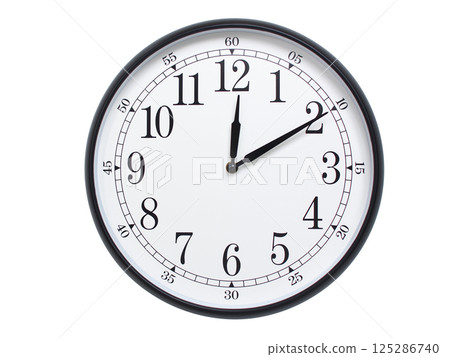 Round wall clock with black frame showing time at 00:10 or 12:10. Ideal for concepts of time or scheduling. 125286740