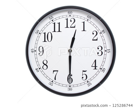 Round wall clock with black frame showing time at 00:30 or 12:30. Ideal for concepts of time or scheduling. 125286744