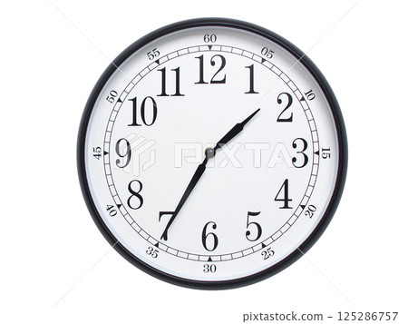Round wall clock with black frame showing time at 01:35 or 13:35. Ideal for concepts of time or scheduling. 125286757