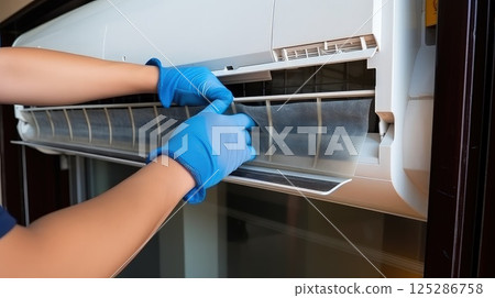 Expert technician repairing a malfunctioning fan motor in an AC unit. Expert technician repairing a malfunctioning fan motor in an AC unit. 125286758