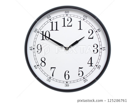 Round wall clock with black frame showing time at 01:50 or 13:50. Ideal for concepts of time or scheduling. Round wall clock with black frame showing time at 01:50 or 13:50. Ideal for concepts of time or scheduling. 125286761