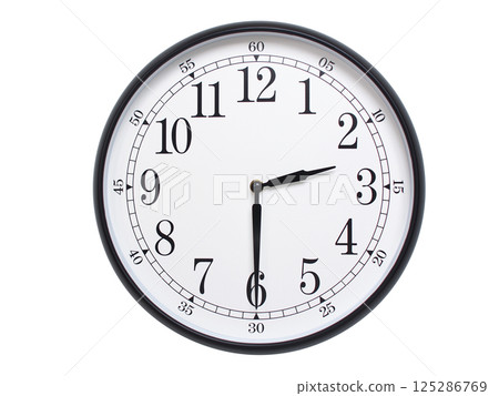 Round wall clock with black frame showing time at 02:30 or 14:30. Ideal for concepts of time or scheduling. 125286769