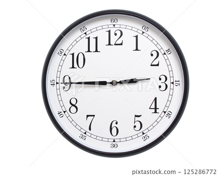 Round wall clock with black frame showing time at 02:45 or 14:45. Ideal for concepts of time or scheduling. 125286772