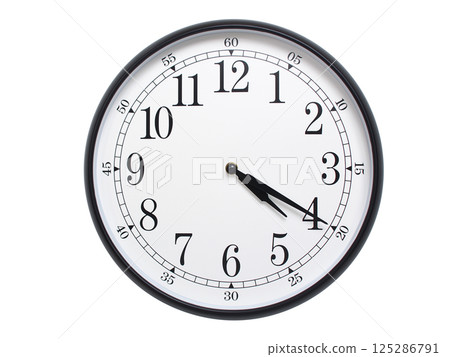 Round wall clock with black frame showing time at 04:20 or 16:20. Ideal for concepts of time or scheduling. 125286791