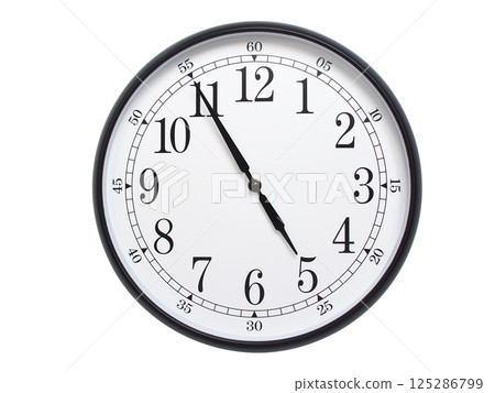 Round wall clock with black frame showing time at 04:55 or 16:55. Ideal for concepts of time or scheduling. 125286799