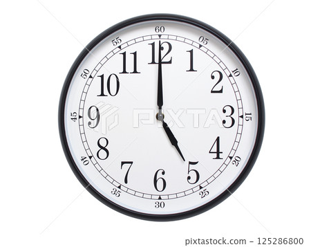 Round wall clock with black frame showing time at 05:00 or 17:00. Ideal for concepts of time or scheduling. Round wall clock with black frame showing time at 05:00 or 17:00. Ideal for concepts of time or scheduling. 125286800