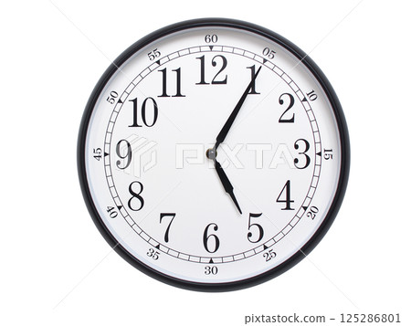 Round wall clock with black frame showing time at 05:05 or 17:05. Ideal for concepts of time or scheduling. 125286801