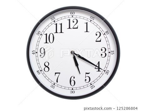 Round wall clock with black frame showing time at 05:20 or 17:20. Ideal for concepts of time or scheduling. Round wall clock with black frame showing time at 05:20 or 17:20. Ideal for concepts of time or scheduling. 125286804