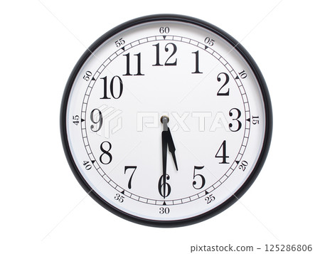 Round wall clock with black frame showing time at 05:30 or 17:30. Ideal for concepts of time or scheduling. Round wall clock with black frame showing time at 05:30 or 17:30. Ideal for concepts of time or scheduling. 125286806