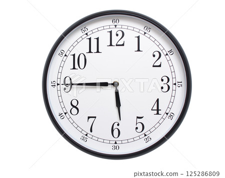 Round wall clock with black frame showing time at 05:45 or 17:45. Ideal for concepts of time or scheduling. Round wall clock with black frame showing time at 05:45 or 17:45. Ideal for concepts of time or scheduling. 125286809