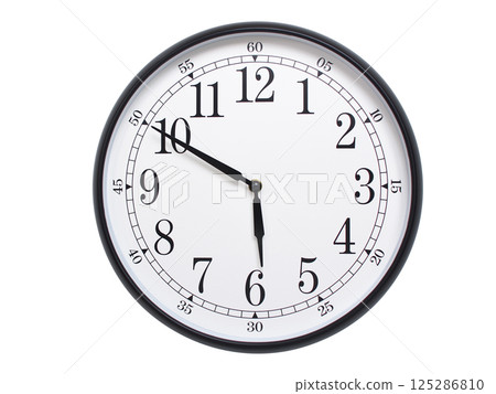Round wall clock with black frame showing time at 05:50 or 17:50. Ideal for concepts of time or scheduling. Round wall clock with black frame showing time at 05:50 or 17:50. Ideal for concepts of time or scheduling. 125286810