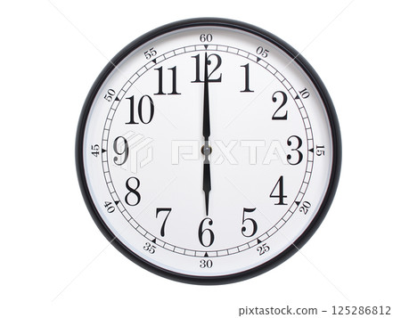 Round wall clock with black frame showing time at 06:00 or 18:00. Ideal for concepts of time or scheduling. 125286812