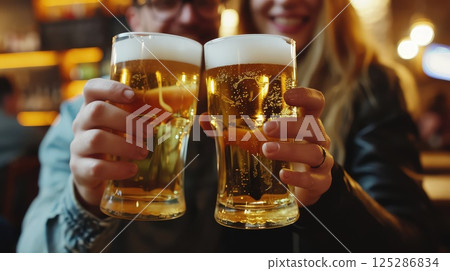 Beer glasses. Meeting friends. Hands close-up. Celebrating with laughter and clinking glasses, memories created. 125286834