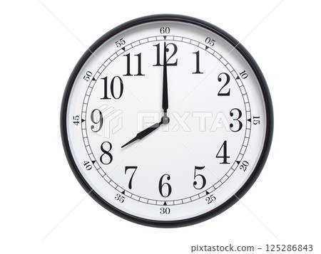 Round wall clock with black frame showing time at 08:00 or 20:00. Ideal for concepts of time or scheduling. Round wall clock with black frame showing time at 08:00 or 20:00. Ideal for concepts of time or scheduling. 125286843