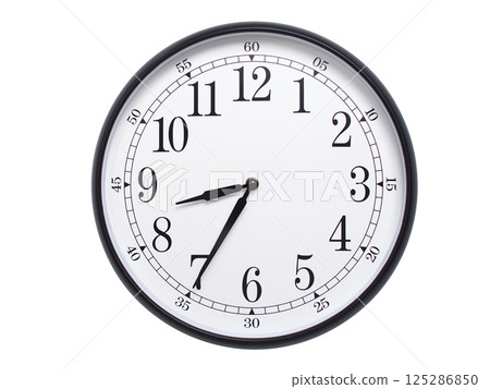 Round wall clock with black frame showing time at 08:35 or 20:35. Ideal for concepts of time or scheduling. Round wall clock with black frame showing time at 08:35 or 20:35. Ideal for concepts of time or scheduling. 125286850