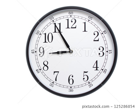 Round wall clock with black frame showing time at 08:55 or 20:55. Ideal for concepts of time or scheduling. 125286854