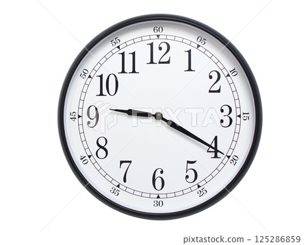 Round wall clock with black frame showing time at 09:20 or 21:20. Ideal for concepts of time or scheduling. 125286859