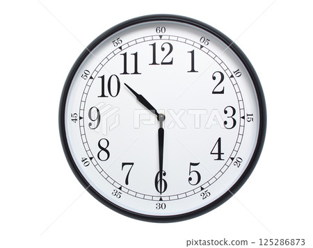 Round wall clock with black frame showing time at 10:30 or 22:30. Ideal for concepts of time or scheduling. 125286873