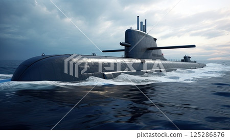 Heavy atomic submarine floating in ocean. Excellent aerials over a submarine at sea. Heavy atomic submarine floating in ocean. Excellent aerials over a submarine at sea. 125286876