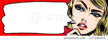 A blonde beauty in the style of a 60s American comic book with a suspicious, suspicious look and a speech bubble 125286922