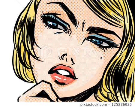 A 1960s American comic book-style blonde beauty with a suspicious, suspicious look 125286925