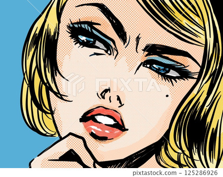 A 1960s American comic book-style blonde beauty with a suspicious, suspicious look A 1960s American comic book-style blonde beauty with a suspicious, suspicious look 125286926