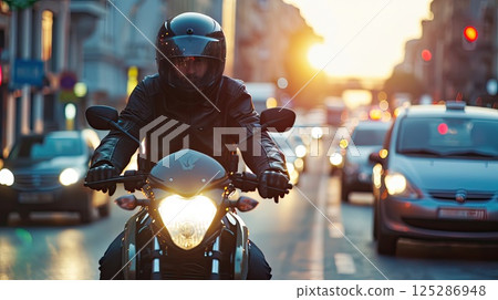 A true urban hero, the motorcyclist dominates the concrete jungle with their fearless spirit. 125286948