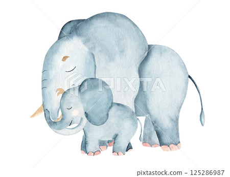 Elephant Family. Baby elephant is hugging its mom or dad by the trunk. Hand drawn watercolor Safari illustration of African animal isolated on a white background. Happy mothers day. 125286987