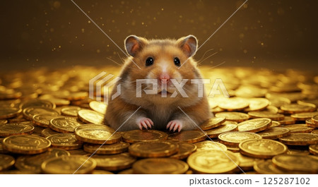 A small hamster with fluffy fur sits curiously amidst a pile of golden coins. Its round eyes gaze upwards with a look of innocence and wonder. The background sparkles softly, enhancing the charming A small hamster with fluffy fur sits curiously amidst a pile of golden coins. Its round eyes gaze upwards with a look of innocence and wonder. The background sparkles softly, enhancing the charming 125287102