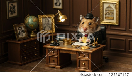 A small hamster, dressed in a black suit and top hat, is seated at a wooden desk in a cozy office setting. The desk is adorned with stacks of gold coins and a glowing lamp. Behind the hamster, there A small hamster, dressed in a black suit and top hat, is seated at a wooden desk in a cozy office setting. The desk is adorned with stacks of gold coins and a glowing lamp. Behind the hamster, there 125287117