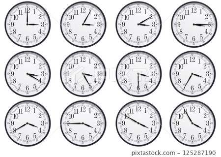 A sequence of 12 analog clocks showing each hour from 03:00 to 03:55 or 15:00 to 15:55. Clean white background ideal for concepts related to time, punctuality, or scheduling A sequence of 12 analog clocks showing each hour from 03:00 to 03:55 or 15:00 to 15:55. Clean white background ideal for concepts related to time, punctuality, or scheduling 125287190