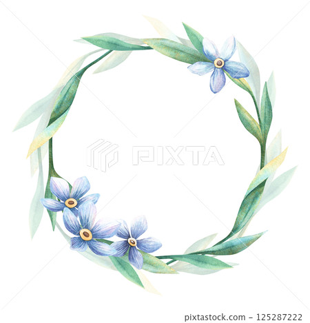 Blue flowers forget-me-not blossom wreath. Elegant floral spring circle template with myosotis twig Perfect frame for romantic, botanical wedding or love themes, seasonal greeting card, retro postcard 125287222