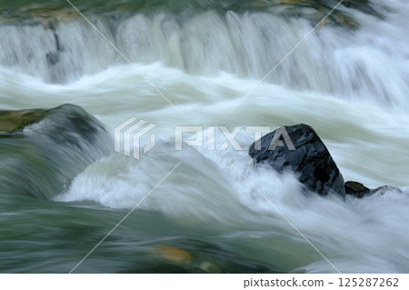 A close-up of the water flow of the Takano River swollen during the rainy season 125287262