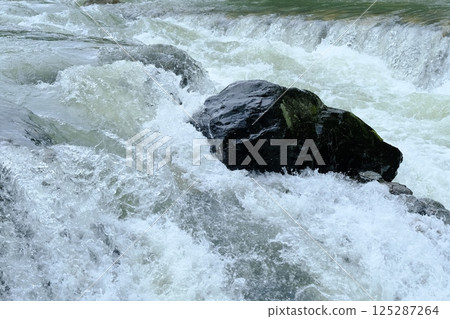 A close-up of the water flow of the Takano River swollen during the rainy season 125287264