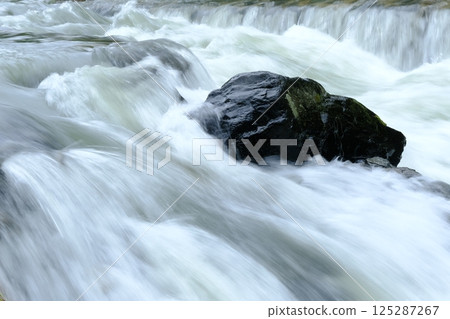 A close-up of the water flow of the Takano River swollen during the rainy season 125287267