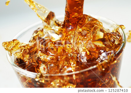 冰咖啡被大力倒入玻璃杯中，濺起水花 125287410