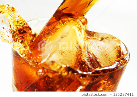 冰咖啡被大力倒入玻璃杯中，濺起水花 125287411
