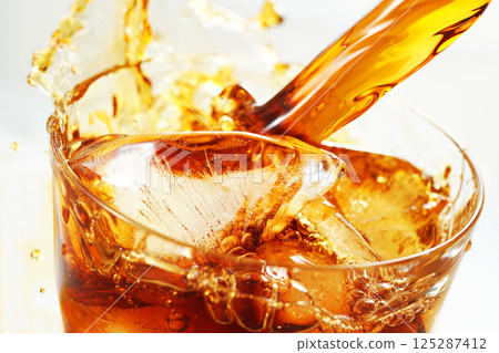 冰咖啡被大力倒入玻璃杯中,濺起水花 冰咖啡被大力倒入玻璃杯中,濺起水花 125287412
