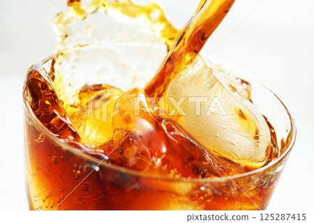 Iced coffee being poured vigorously into a glass with a splash 125287415