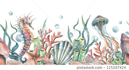 Jellyfish, seahorse, seashells, seaweed, starfish, corals, sea sponges and pebbles, bubbles. Marine watercolor illustration of the underwater world hand drawn. Seamless pattern horizontal border 125287424