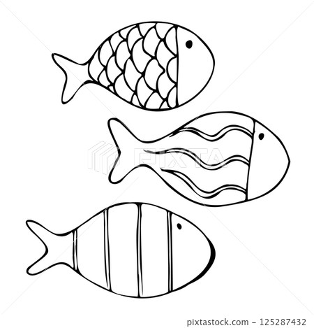 Small round fishes of simple shape with rustic patterns. Graphic line art hand drawn on the theme of sea and fishing in black and white ink. Set of elements isolated from the background EPS vector 125287432