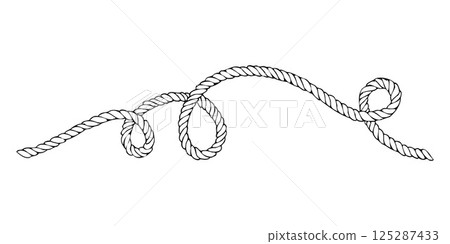 Rope, twine, jute , straight, wave and twisted with loops. Graphic line art hand drawn on the theme of sea and fishing in black and white ink. Separate element isolated from the background EPS vector 125287433