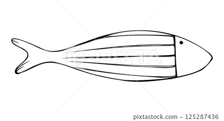 Large elongated fish of simple shape with rustic patterns. Graphic line art hand drawn on the theme of sea and fishing in black and white ink. Separate element isolated from the background EPS vector 125287436