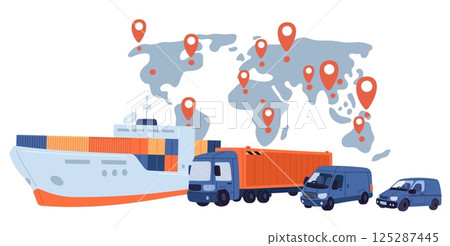 International freight transportation and delivery goods. Shipping containers by truck and ship. Logistic route. Map destinations. Cargo shipment. Boat and car navigation. Vector concept 125287445