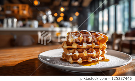 Three-layer waffle with powdered sugar and syrup | In warm light 125287446