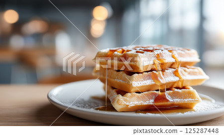 Waffles with powdered sugar and plenty of honey syrup | Glossy texture 125287448